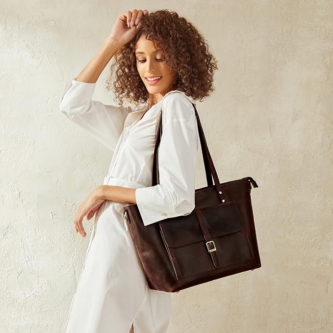 S-ZONE Women Vintage Genuine Leather Tote Bag Large Shoulder Purse Work | 14" Padded Laptop Compartment, Detachable Long Strap, Luggage Strap, Multi Pockets, Travel Everyday - Image 2