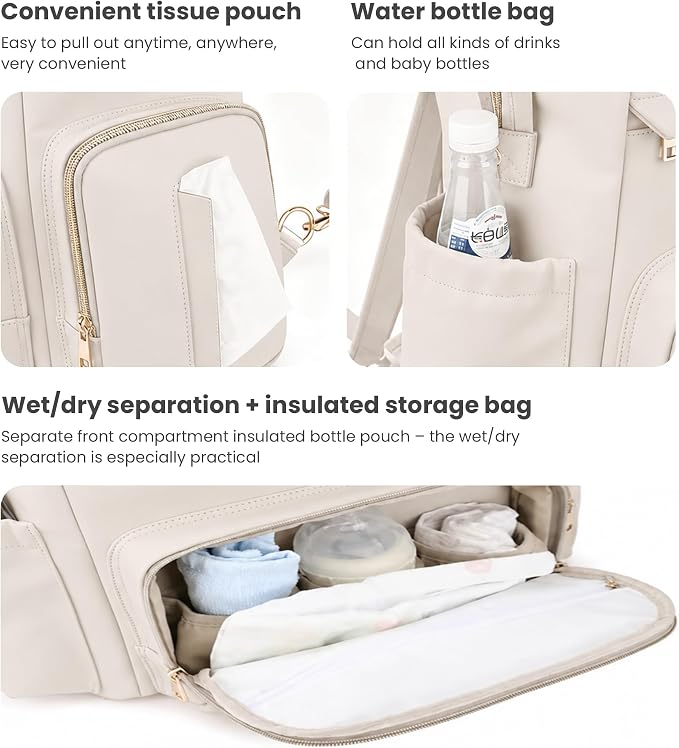 Large Capacity Diaper Bag Backpack with Changing Pad, Waterproof Baby Travel Backpack for Parents-Beige - Image 5