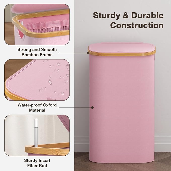 Laundry Hamper with Lid, Laundry Basket with Removable Bag, Pink | 100L Large Dirty Clothes Hamper with Handle, Freestanding Bamboo Laundry Hamper for Bedroom, Bathroom, Laundry Room - Image 6