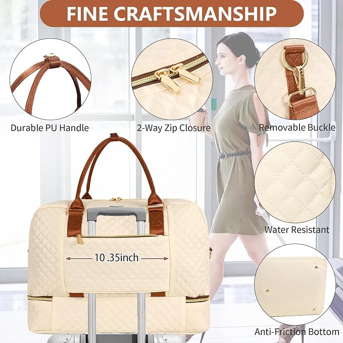 3PCS Weekender Bags for Women Large Overnight Bag, Beige | Weekender Travel Duffel Bags Carry on Shoulder with Shoe Compartment Toiletry Bag Satchel Bag for Travelling Business Gym - Image 2
