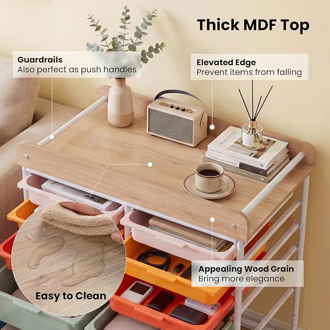 Rolling Storage Cart with 10 Drawers, Plastic Large Capacity Craft Organizer on Wheels with Wooden Top, Mobile Art Supply Utility Cart for Classroom, Home, Office - Image 5