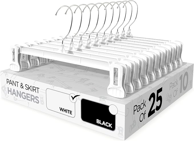 Pant & Skirt Hangers - Closet Hangers for Shorts, Shirts, Jeans, Dresses, Slacks, Coats, Clothes, Clothing, Garments & More - Durable, Space Saving & Non-Slip, White - 25 Pack by Sharpty