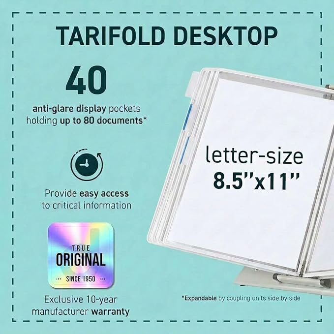 Tarifold Desktop Reference Display System, 40 Pockets, Expandable, White | 40 Double-Sided PVC Pockets, Holds 80 Letter-Size Sheets, Sturdy Metal Base, Quick-Find Indexing, Quick and Easy to Assemble - Image 2