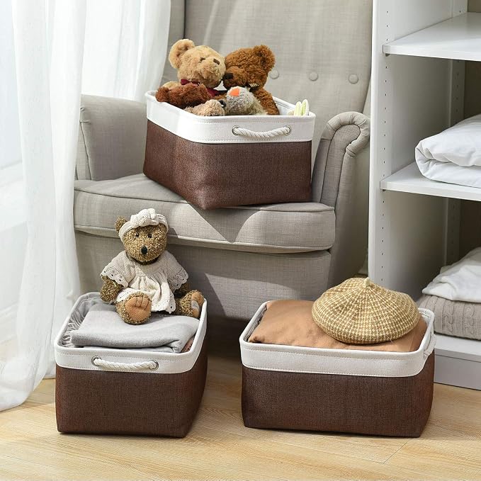 Large Storage Baskets for Shelves, Fabric Baskets for Organizing, Collapsible Storage Bins for Closet, Nursery, Clothes, Home & Office [3-Pack, White&Brown] - Image 2