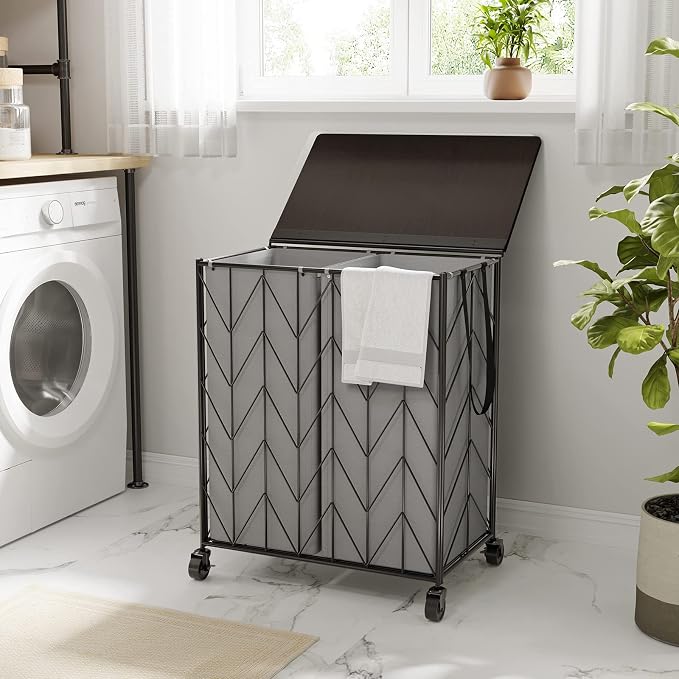 WOWLIVE Double Laundry Hamper with Lid, Rolling Laundry Basket with Wheels | Heavy Duty Wire Clothes Hamper with Divided Removable Bags, Large Iron-Made Laundry Sorter Laundry Room Organization, Grey - Image 3