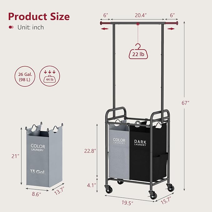 Laundry Sorter with Hanging Bar, 2 Bag laundry cart, Black & Gray | 2 Section Laundry Hamper with Lockable Wheels and Removable Bag, Laundry Cart with Hanging Rack for Laundry Room, Bathroom - Image 7