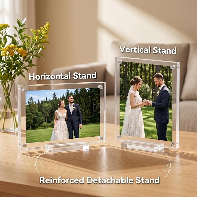 10 Pack 4x6 Acrylic Picture Frames, Double Sided Magnetic Display | Crystal Clear Frameless Photo Frames, Freestanding Desktop Display with Detachable Stand & Gift Box - Image 6