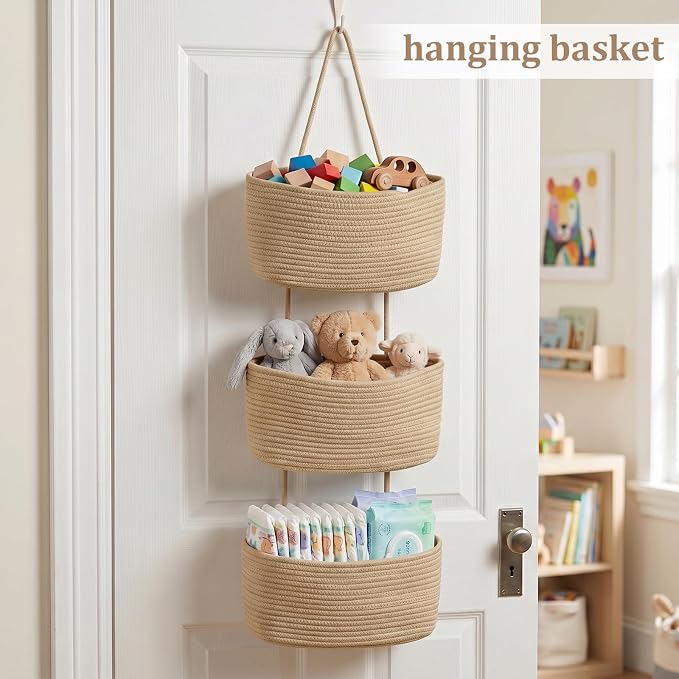 TeoKJ Over the Door Hanging Basket, 3-Tier Woven Cotton Wall-Mounted Storage Organizer Bag Decorative Hanging Nursery Baskets, Jute - Image 4