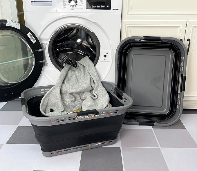 SAMMART Set of 2 Collapsible Plastic Storage Basket - Foldable Pop Up Storage Container - Portable Laundry Organizer - Space Saving Hamper (Grey/Black, 42L (Style A)) - Image 2