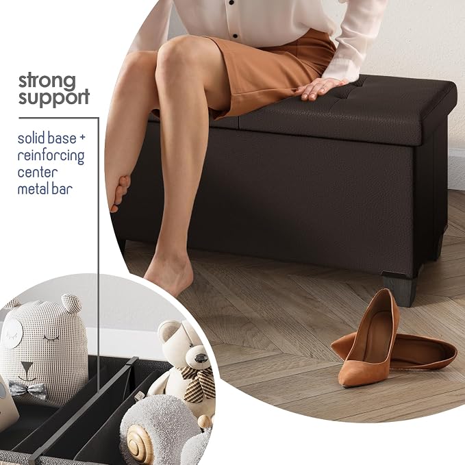 Storage Ottoman Bench with Bins, 43-in Storage Bench for Bedroom End of Bed, Folding Foot Rest Ottoman for Living Room Max 660lbs, Faux Leather Ottomans, Brown - Image 5