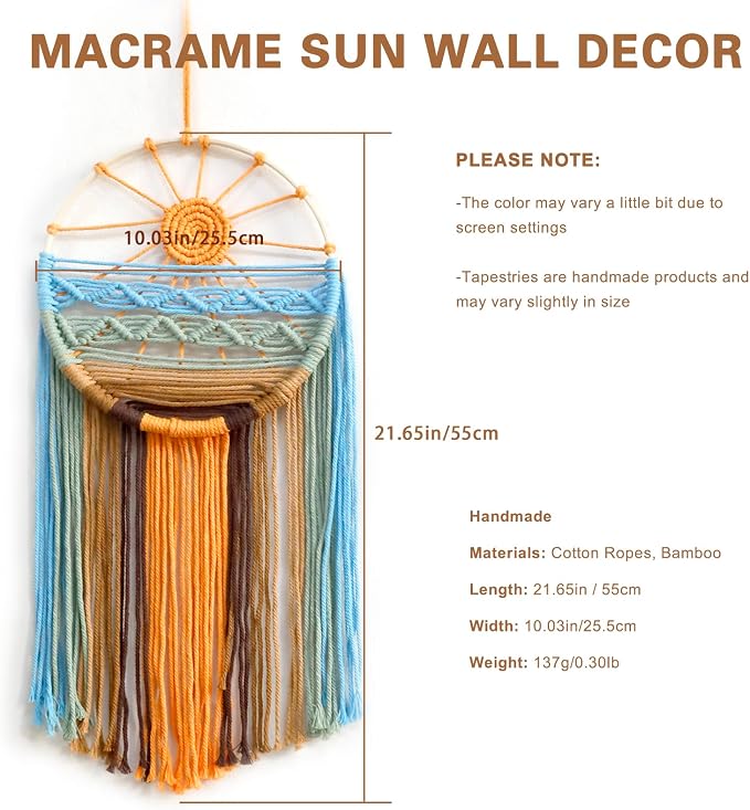 Artilady Macrame Hanging Tapestry Sun Wall Decor Set 2, Boho Dream Catcher | Large Tapestry, Handmade Woven, Farmhouse Rustic, Colorful Sun Wall Art Set, Bedroom Living Room Entryway Home Decor - Image 3