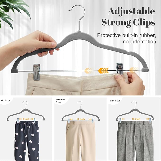 HOUSE DAY Velvet Skirt Hangers 24 Pack, Hangers with Adjustable Clips- Gray | 0-15inch Movable Clips, Space Saving Slim Velvet Pant Hanger, Heavy Duty Non Slip Clips Hanger for Pants, Skirts, Shorts - Image 6