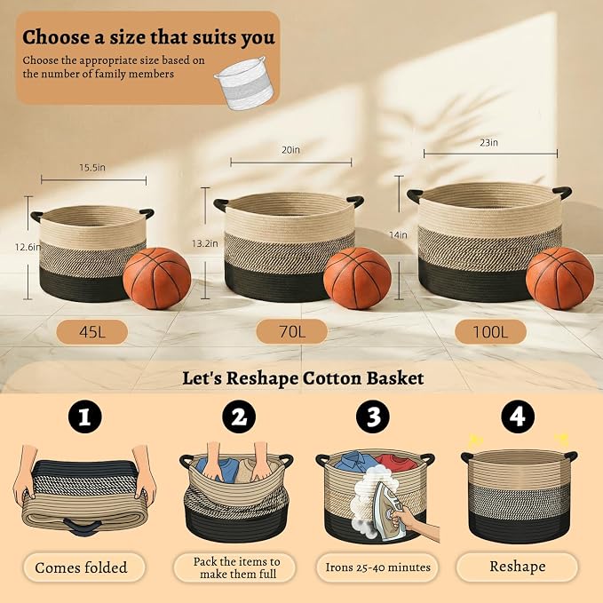 Artfeel 40L Large Cotton Rope Basket, Decorative Woven Blanket Storage for Living Room, Boho Toy Storage & Toy Box for Kids, Versatile Laundry Basket & Nursery Hamper for Blankets(BlackBrown) - Image 6