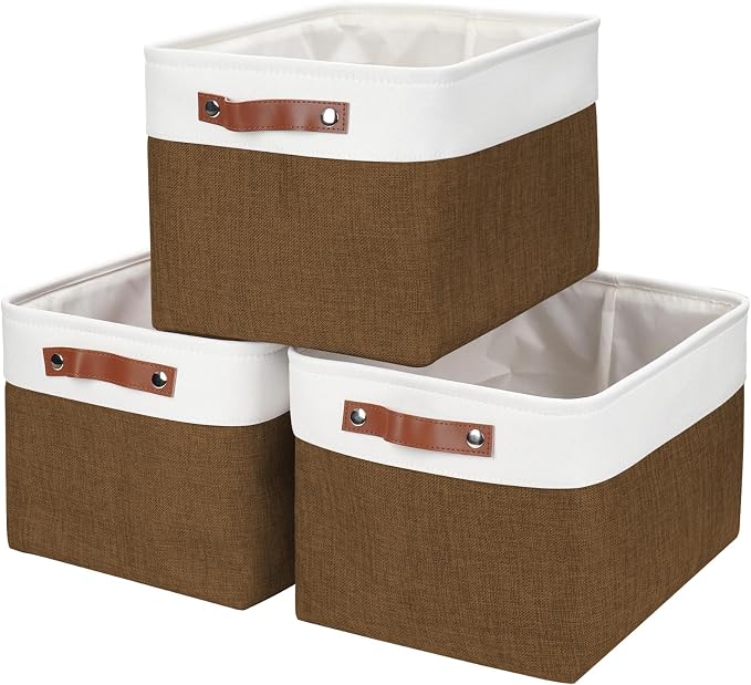 Storage Bins Large Fabric Storage Baskets for Shelves 3 Pack, Decorative Linen Closet Baskets with Handles for Organizing, Shelf, Clothes, Home, Office, 15x11x9.5Inches (Brown&White) by Bagnizer