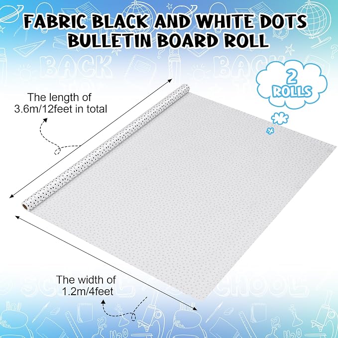Kolldenn 2 Rolls Black White Dots Fabric Bulletin Board Paper Roll 4 x 12 ft Extra Large Non Woven Waterproof Roll Fade Resistant for DIY Craft Drawing Painting Classroom Decor - Image 2