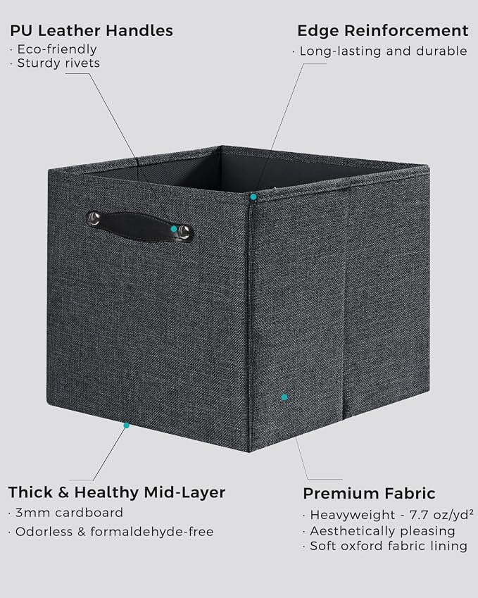 Cube Storage Bins | 13"x15"x13", Graphite Gray, 4 Pack | Multi-Size | 2X Thick Support Board | Vegan Leather Handles | 7.7 oz/yd² Fabric | Drawer Insert Basket Fits KALLAX - Image 3