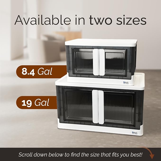 Reli. Collapsible Storage Bins 8.4 Gal (4 Pack) | Stackable Bins with Lids | Foldable containers | Clothing storage organizer, storage on wheels, plastic bins with dual-access doors | White & Gray - Image 8