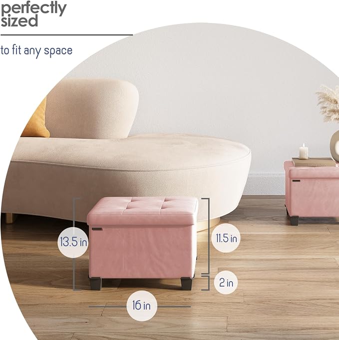 Storage Ottoman Cube with Small Bin, 16-in Square Ottoman with Storage for Living Room and Bedroom, Small Ottomans Foot Rest, Leather Foot Stools Ottomans Max 330lbs, Pink - Image 8