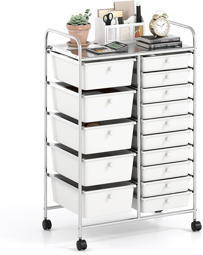 RELAX4LIFE 15-Drawer Rolling Storage Cart - Utility Cart with Metal Frame, Lockable Wheels & Removable Drawers, Multipurpose Art Craft Organizer for Home Office, Classroom (White) by RELAX4LIFE