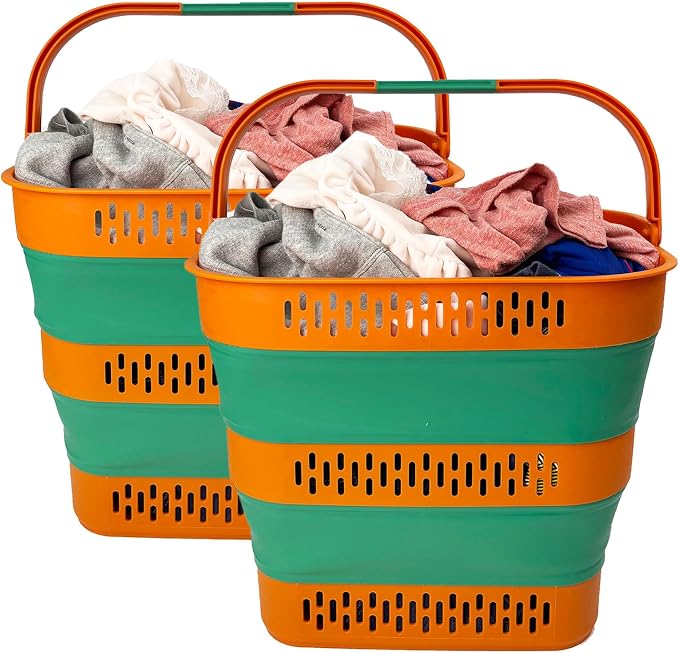 SAMMART 38L(10 Gal) Collapsible Laundry Basket - Foldable Pop-Up Storage Container/Organizer-Portable Space Saving Hamper, Measure 17.5x13.3x15.7"/3.8" Expanded/Collapsed (2, Autumn Leaf/Forest Green) by SAMMART