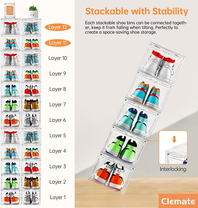 Clemate Upgraded X-Large Shoe Organizer,Shoe Storage Organizer,12 Pack,Shoe Box Clear Plastic Stackable,Drop Front Shoe Box with Clear Door, Shoe Containers For Sneaker Display,Fit up to US Size12 - Image 6