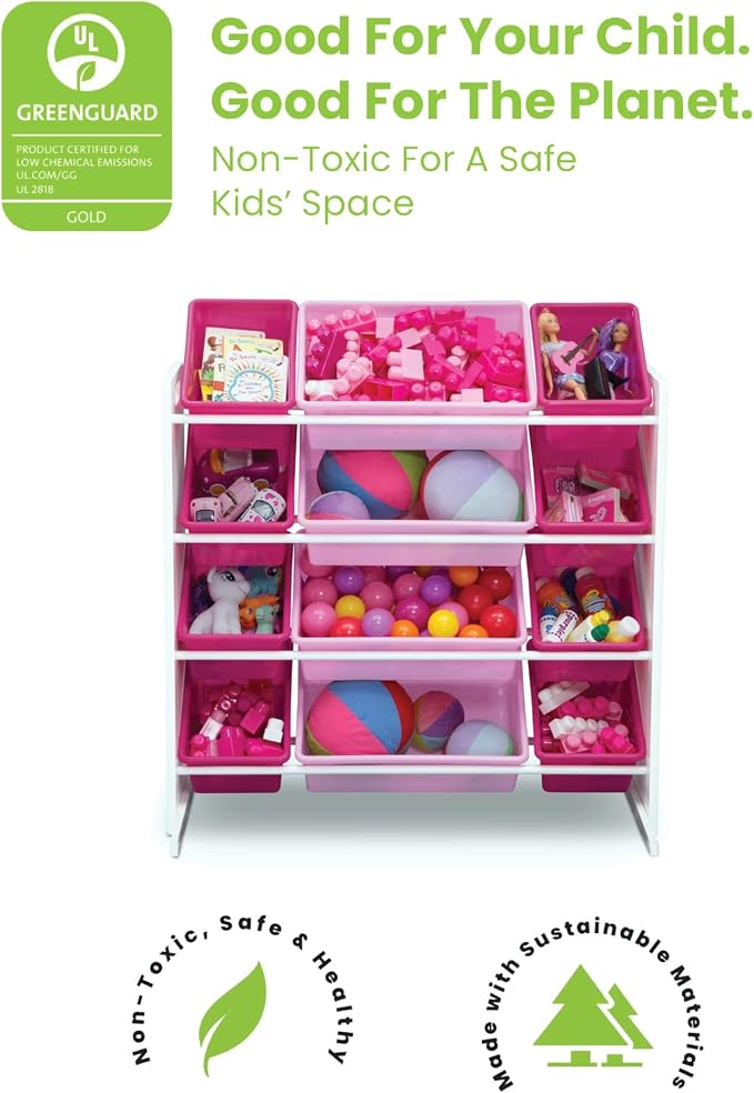 Delta Children Kids Toy Storage Organizer with 12 Plastic Bins - Greenguard Gold Certified, White/Pink - Image 6