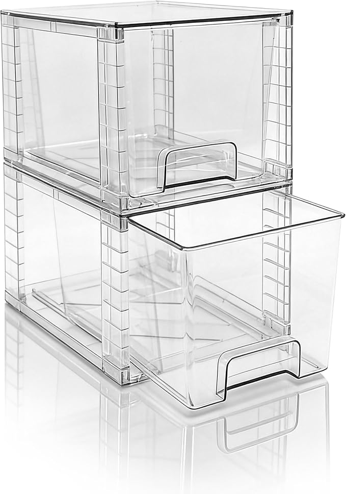 Medium Clear Stackable Storage Drawers (2 Pack), High-strength Acrylic Organizer Bins with Handles, Plastic Drawers for Fridge Bathroom Cabinet Closet Undersink Pantry Kitchen Makeup Storage by XWYWX