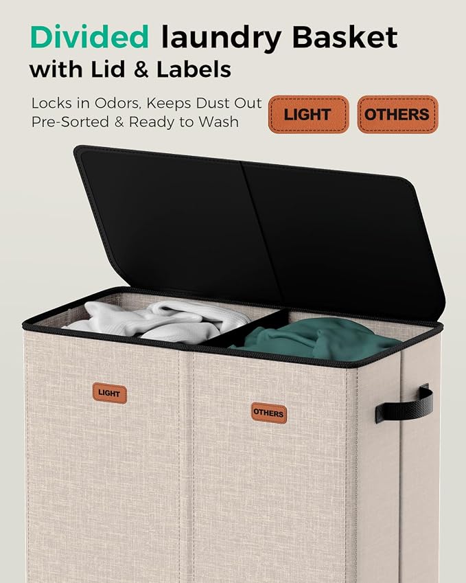 150L 2-Section Laundry Hamper with Lid – Removable Bag, Double Compartment Clothes Hamper for Bathroom, Bedroom, Dorm & Laundry Room - Image 4