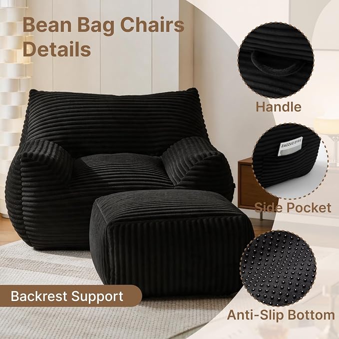Oversized Bean Bag Chair with Ottoman, Bean Bag Couch with 2 Side Pockets, Corduroy Boneless Couch Chair in a Box, Comfy Lounge Chair for Living Room, Bedroom, Dorm, Black - Image 3