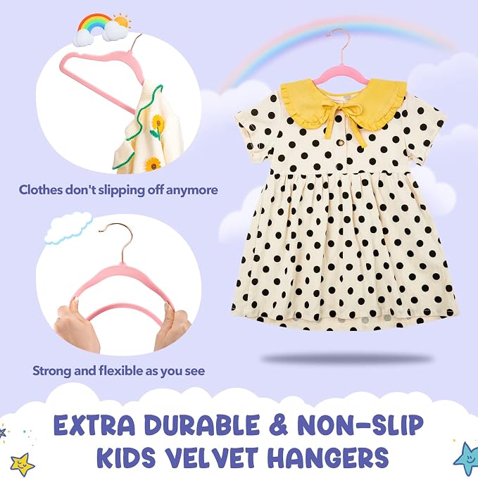 HOUSE DAY Velvet Kids Hangers 60 Pack, Premium Childrens Hangers for Closet | Blush Pink Ultra Thin Cute Clothes Hanger, Non Slip Small Felt Hanger 14 Inch for Kids Clothes +360° Swivel Rose Gold Hook - Image 4