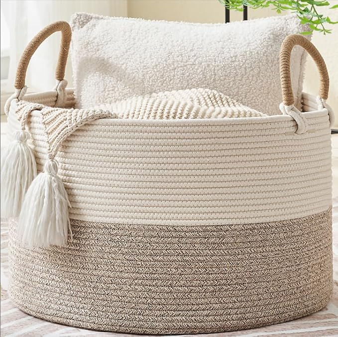 KAKAMAY Large Blanket Basket with Handles, Storage Basket for Living Room | Extra Large Capacity | Natural Cotton Rope | Blanket Storage | Woven Storage Basket | Stuffed Animal Storage | Laundry Basket by KAKAMAY
