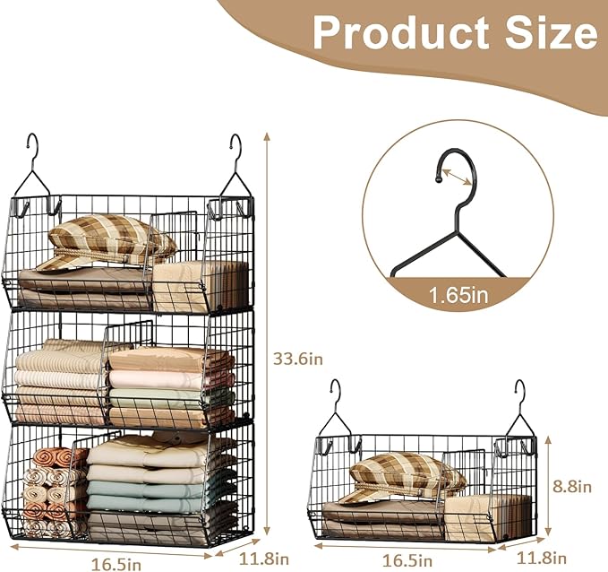 Jautokerdar 3 Tier Closet Hanging Shelves with Divider, Extra Large Closet Organizers and Storage, Clothes Hanging Organizer Clothing Sweaters Handbags Clutches Accessories - Image 3