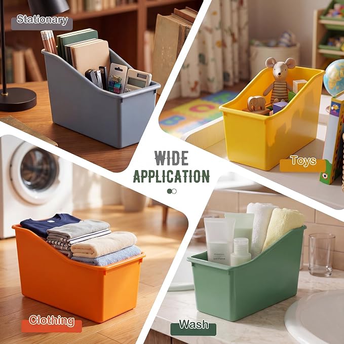 Geetery 12 Pcs Book Bin for Classroom with Labels Stackable Plastic Organizing Bins 11.5 x 5.4 x 7.5 in Book Holders Storage Bins Box Baskets for Classroom Library Home (Earth Tones) - Image 5