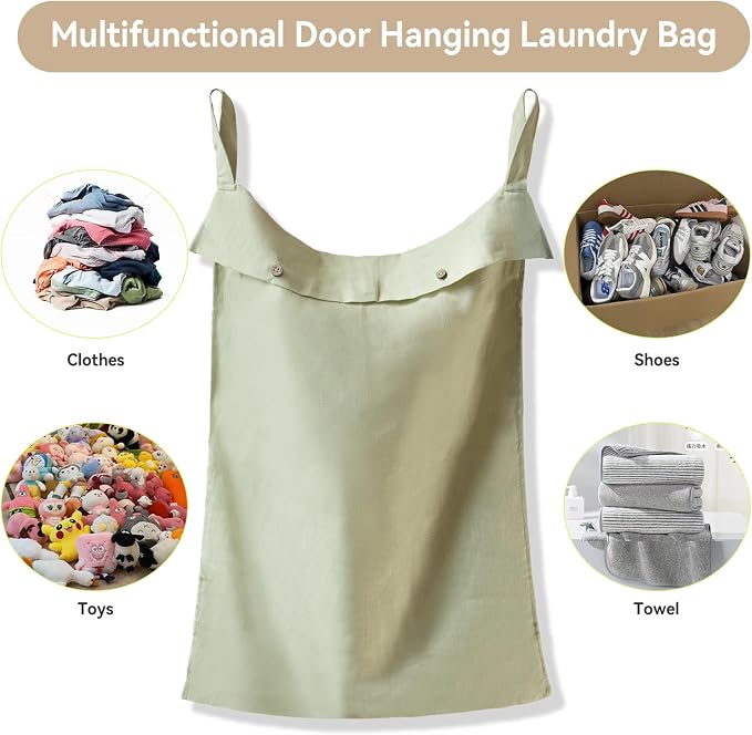 100% Linen Hanging Laundry Hamper Bag 20x27Inch, Over the Door with 2 Buttons and Bottom Zipper Saving Space Wall Back organizers For Dirty Clothes Dorm Travel College Camp Sock Large Capacity,Green - Image 5