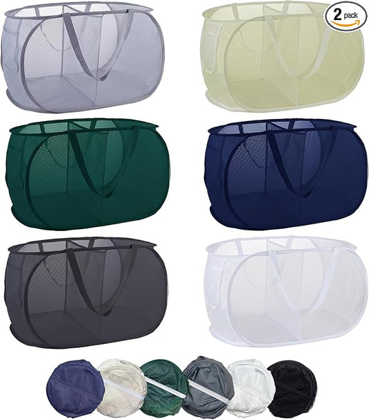 6 Pack Collapsible Laundry Baskets, 2 Compartment Pop Up Hamper, 6 Colors | Easy carry handles and foldable mesh design make these hampers suitable for dorms, laundry rooms, travel, and toy storage. by Violinak