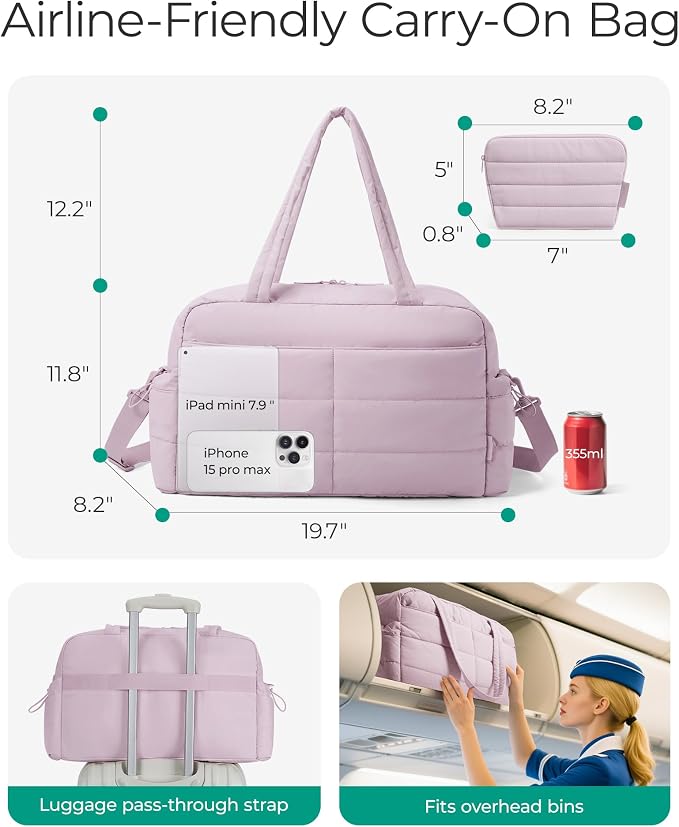 BAGSMART Gym Bag for Women, Lightweight Puffer Duffle Bag 2-PC Travel Bag, 31L Weekender Overnight Bag Quilted Carry On Tote Bag, Diaper Hospital Dance Bag for Travel, Gym, Water Resistant - Image 3