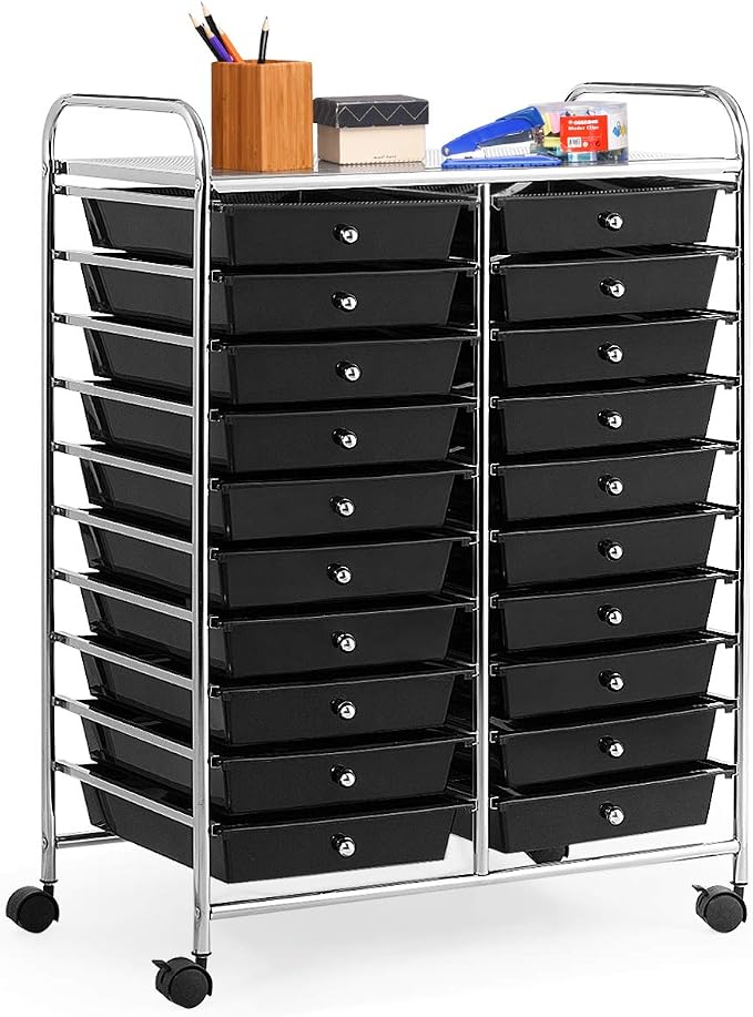 RELAX4LIFE 20 Drawer Rolling Storage Cart, Mobile Rolling Cart w/Drawers for School Classroom Teacher Office Home Salon, Paper File Art Supply Craft Organizer, Utility Cart on Wheels (Black) by RELAX4LIFE