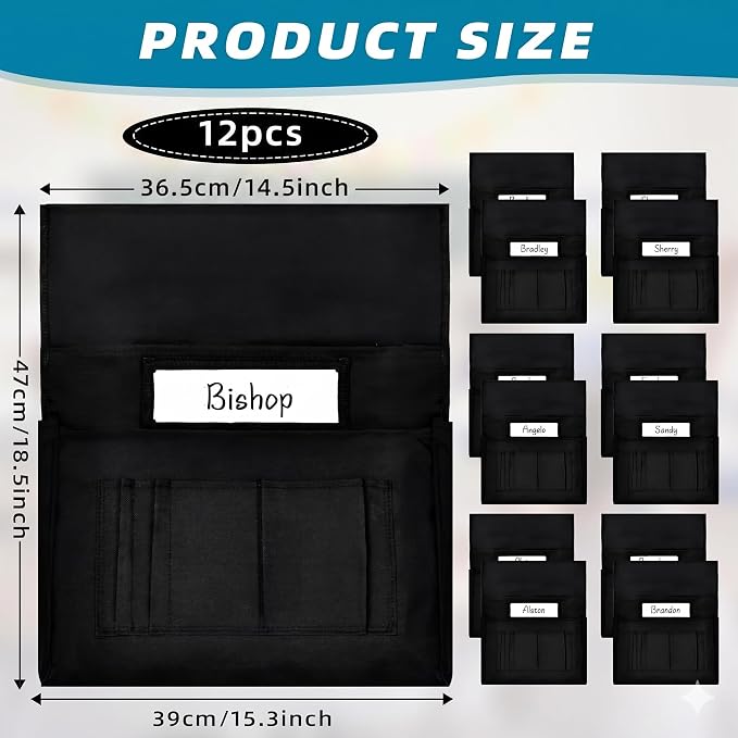 12 Pcs Classroom Chair Pockets, 14.5‘’ W x 18.5‘’ H Black Chair Pockets For Classroom, Seat Sacks for Classroom Chairs, Buddy Pocket, Chart Seat Back Organizer with Name Tag - Image 2