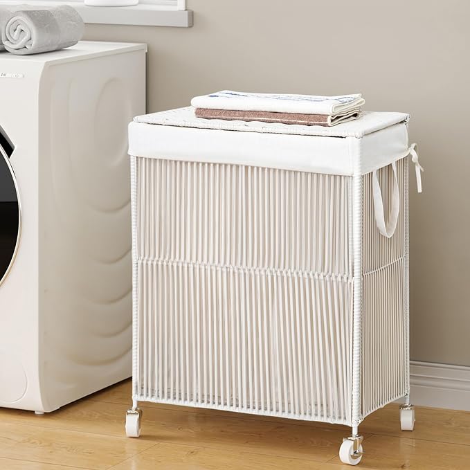 WOWLIVE Rolling Laundry Basket Wheels, Handwoven Laundry Hamper with Lid | Double Clothes Hamper with Divided Removable Bag, 115L Large Laundry Sorter 2 Section, Laundry Room Organization, White - Image 4
