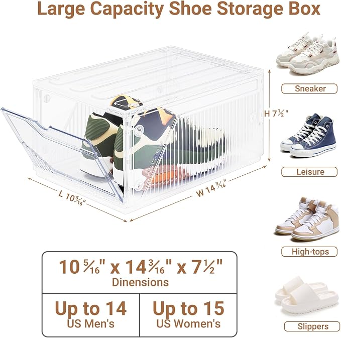 BROVIEW XX-Large Shoe Sneaker Storage Boxes for Size 14, 1 Pack Shoe Boxes | Stackable & Thicken Clear Plastic Shoe Organizers for Entryway Closet, Shoe Container Display Case w/ Magnetic Door - Image 2