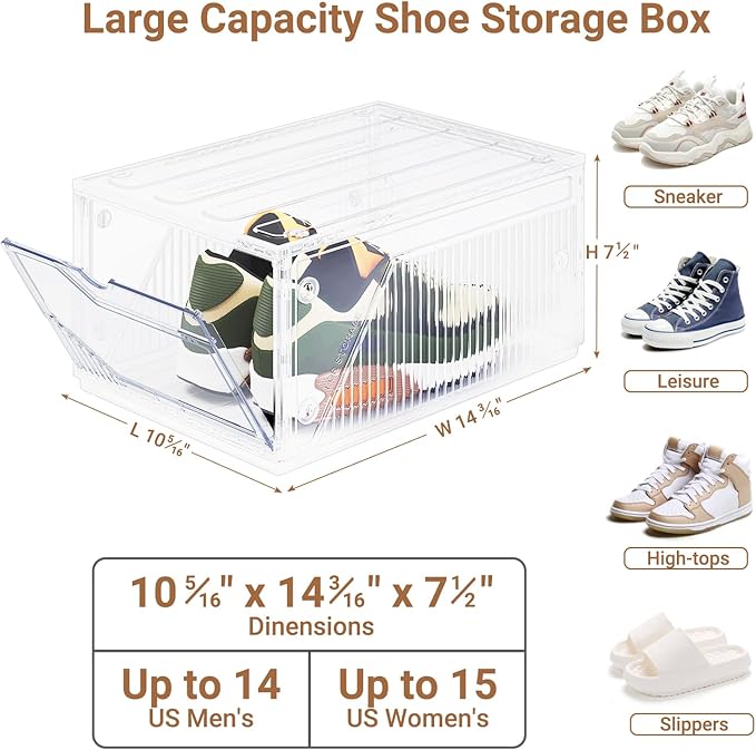 BROVIEW XX-Large Shoe Sneaker Storage Boxes for Size 14, 12 Pack Shoe Boxes | Stackable & Thicken Clear Plastic Shoe Organizers for Entryway Closet, Shoe Container Display Case w/ Magnetic Door - Image 2