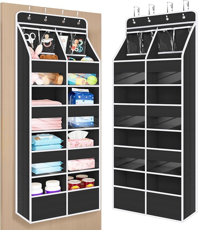 Univivi Upgraded Over the Door Organizer for Baby Nursery, Black, 5-Shelf | Fabric Door Organizer with Clear Window Deep Pockets, Over Door Hanging Organizer for Baby Essential, Bedroom, and Dorm by Univivi