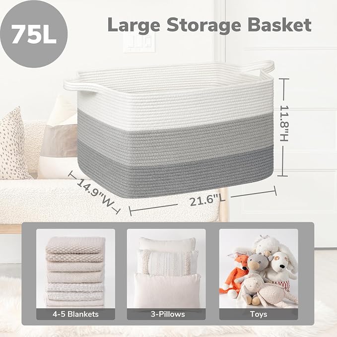 Goodpick Large Woven Rope Blanket Basket, Rectangle, Light Gray | 21.6'' x 14.9'' x 11.8'' Storage Basket for Blankets, Pillows & Toys, Living Room & Nursery Organization, Reinforced Handles - Image 3