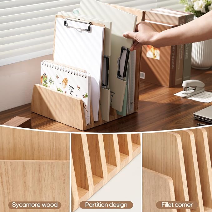 KIRIGEN Wooden File Organizer, 7-Slot Upright Holder for Desk Natural 7K-NA | Seven Upright Slots Sort Mail, File Folders, Papers, Bills, Envelopes, and Notebooks; 9.92 x 10.35 x 7.08 In, No Assembly - Image 4