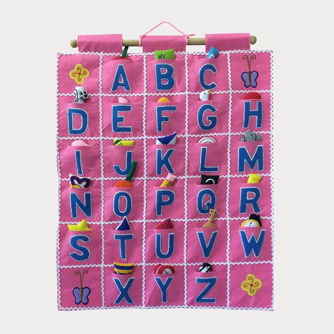Pink ABC Felt Wall Hanging Chart - Early Education Alphabet Fabric Wall Décor for Children's Room | Engaging Educational Learning Art for Kids with Fabric Objects in Pocket by Pockets+of+Learning