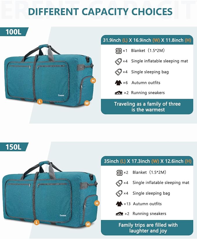 Gonex 100L Foldable Travel Duffle Bag with Shoe Compartment, Lightweight | 210D Nylon, Water-Repellent, Folds Compact, Multiple Pockets, Luggage Sleeve,Family Travel & Camping, Teal - Image 3