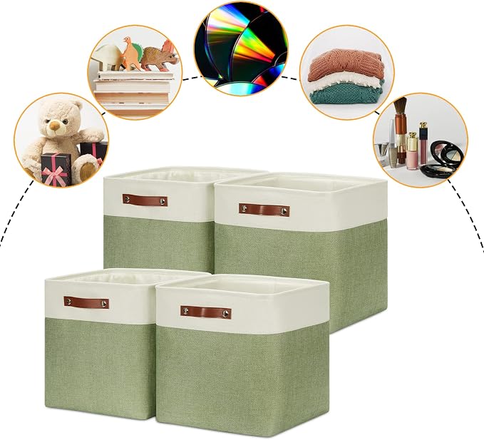 DULLEMELO Storage Baskets for Organizing, Linen Closet Organizers and Storage Baskets for Dog Box, 13 Inch Decorative Cube Storage Bins with handle for Gift Basket(4 Pack - 13" White&Green) - Image 2