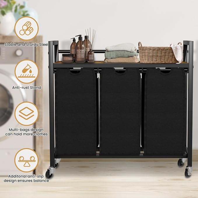SwaaVee Laundry Sorter, Laundry Hamper 3 Section, 3×11.4Gal, Metal Frame Rolling Laundry Basket with Wooden Top Shelf, Pull out and Removable Laundry Bags, 3 Bags-Black - Image 7