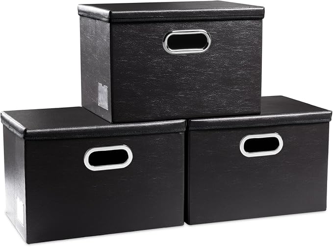 Collapsible Storage Bins with Lids [3-Pack] Leather Fabric Foldable Storage Boxes Organizer Containers Baskets Cube with Cover for Bedroom Closet Office Nursery Black (14.9x10.8x10) by Prandom