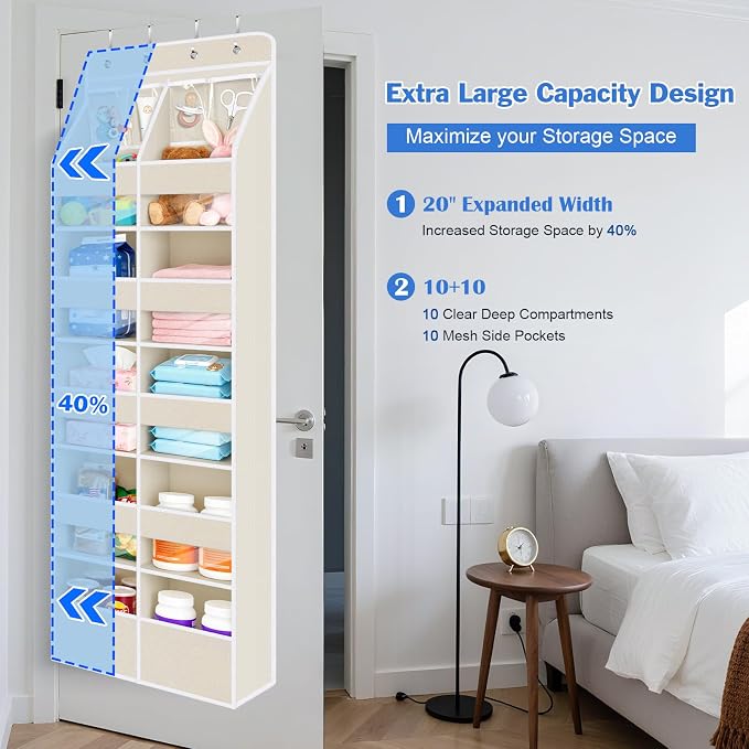 Univivi Upgraded Over Door Organizer for Baby Stuff, Beige Pattern, 6-Shelf | Fabric Behind Door Storage with Clear Window Deep Pockets, Over Door Hanging Organizer for Baby Essential, Bedroom, and Dorm - Image 8